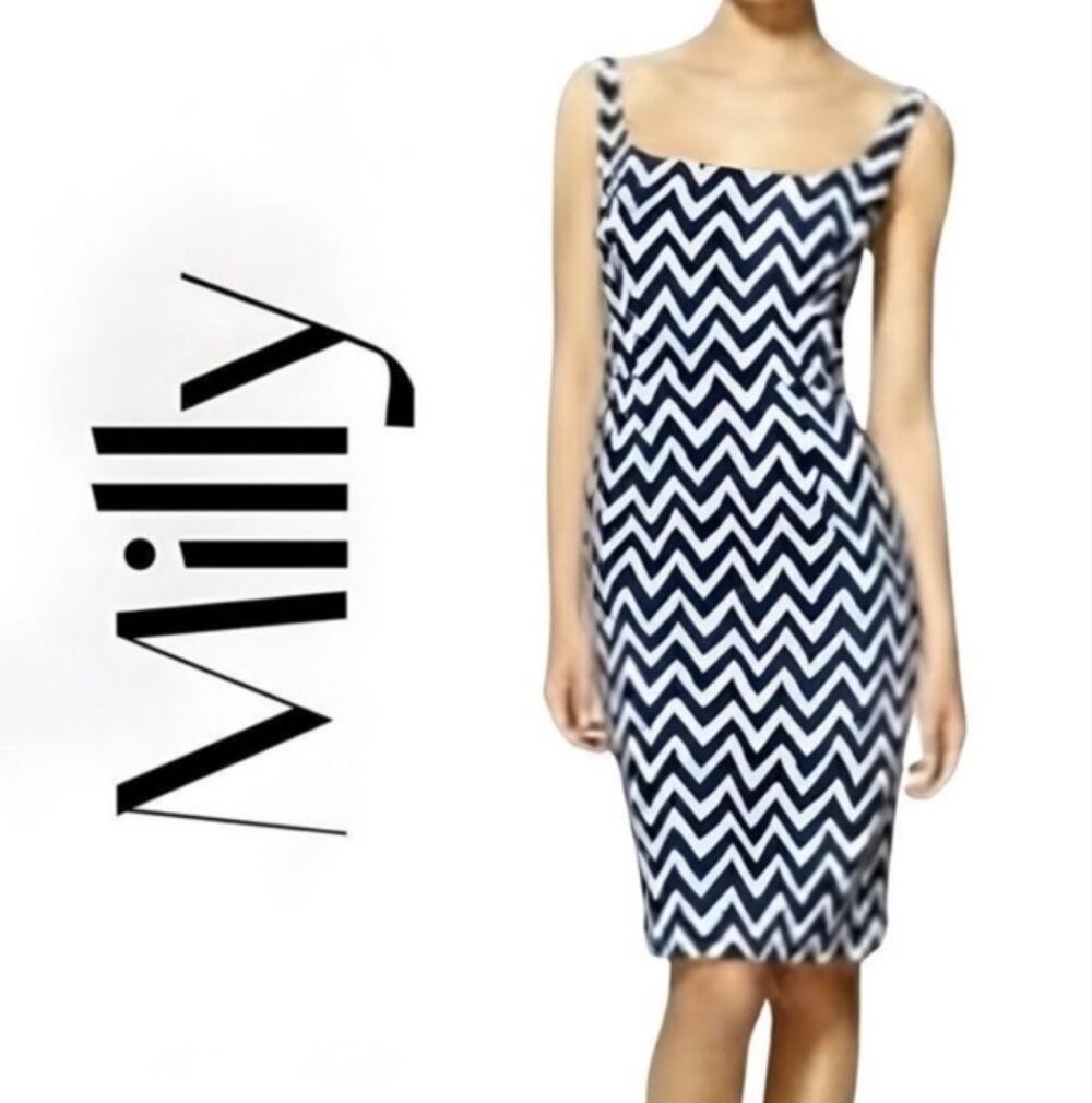 Milly Of New York Womens 10 Blue White Chevron Midi Sheath Tank Dress Designer